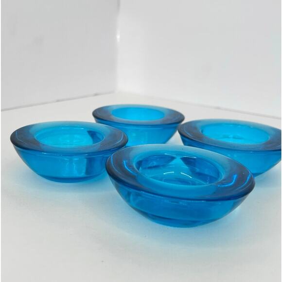 17 Crate & Barrel Dark Aqua Blue Clear Glass Tea Light Holders 3\